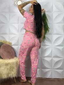 Pijama Feminino Adulto Ondinha Cropped Calça Longa Estampado Suede Roupa de Dormir
