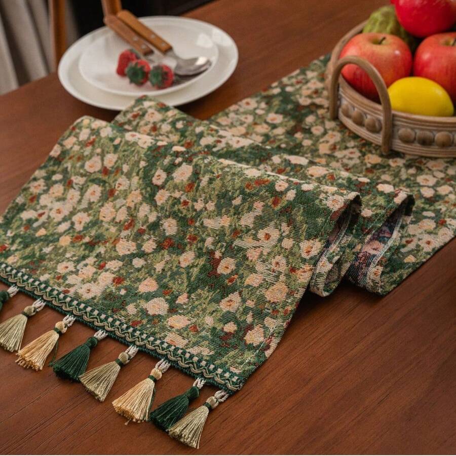 Floral Jacquard Table Runner With Tassels, Plant Edge Table Runner, Suitable For Garden Summer Kitchen Farmhouse Table Runner, Long Decorative, 13*70in Daisy Green - Green - View 1