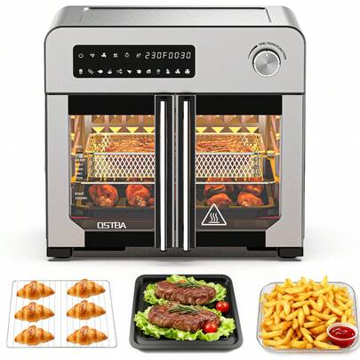 OSTBA French Door Air Fryer Toaster Oven Combo, Airfryer Convection Oven Countertop 10-In-1 Combo, 30% Faster 90% Less Oil, 102 Recipes & 7 Accessories Included 24 QT Stainless Steel