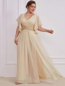 UNITHORSE Plus Size Bridesmaid Dress With Sequin Waist, Ruffle Hem And Side Slit, Chiffon - Apricot - View 4