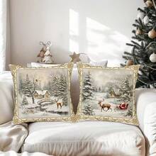 4PCS Vintage Christmas Pillow Cover, Christmas Tree Reindeer Snowman Decorative Cushion Cover, Merry Christmas, Cottage Winter Holiday Home Decor, Suitable For Sofa Living Room Bedroom, Single-Sided Without Pillow Insert.
