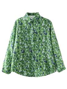 Christmas Women's Green Floral Print Long Sleeve Shirt Collar Shirt Front Button Woven Fabric Top, Regular Length