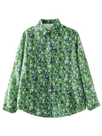 Christmas Women's Green Floral Print Long Sleeve Shirt Collar Shirt Front Button Woven Fabric Top, Regular Length