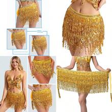 YYC Gold Wrap Belly Dance Sparkling Skirts Fringe Hip Scarf For Festival Fashion - AGoldSequinTasselWrapSkirt - Xem 1