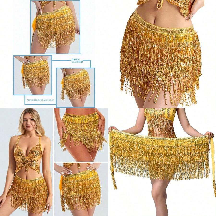 YYC Gold Wrap Belly Dance Sparkling Skirts Fringe Hip Scarf For Festival Fashion - AGoldSequinTasselWrapSkirt - Xem 1