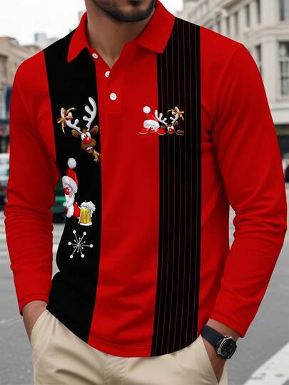 Men's Christmas Reindeer Pattern Long Sleeve Polo Shirt, Suitable As A Gift