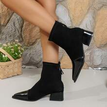 Botas elásticas novas para outono/inverno para mulheres, botas envernizado com patchwork, bico fino e salto grosso, botas de cano curto com zíper traseiro para uso diário para mulheres - Preto - Ver 4