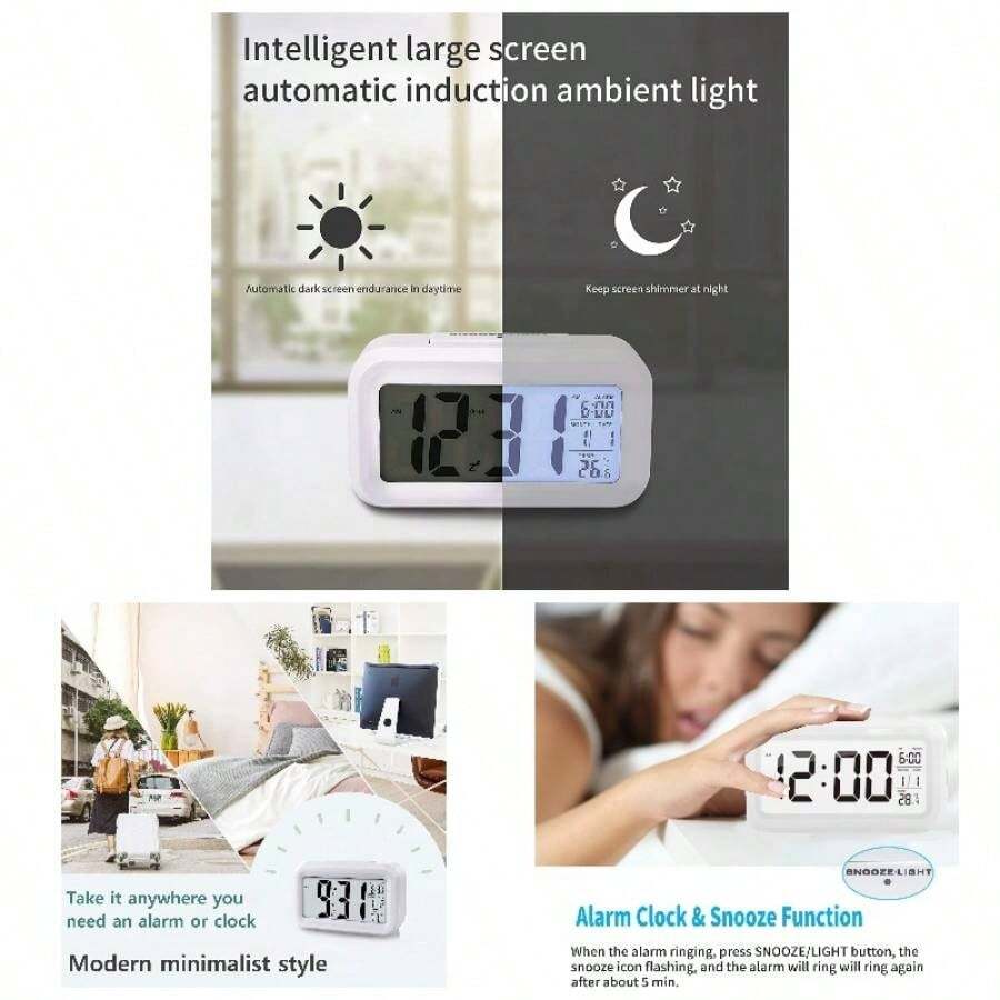 Reloj Despertador Digital, Reloj Despertador con Pantalla, Despertadores Electrnicos con Funcin Snooze, Temperatura, 1224 H, Reloj Despertador Junto a La Cama para El Dormitorio De La Oficina En Casa - Negro - Blanco - Ver 1