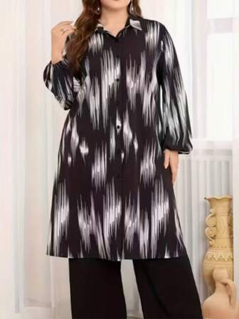 Plus Size Abstract Print Shirt, Bishop Sleeves, Shirt Collar, Non-Stretch Woven Fabric