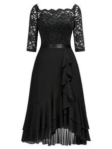 MIUSOL Elegant Women's Floral Lace Boat Neck Contrast Black Chiffon Midi Swing Dress, Half Sleeves Asymmetrical Ruffle Flowy Hem, For Wedding Guest, Cocktail Party, Evening Or Formal Event - màu đen - Xem 7