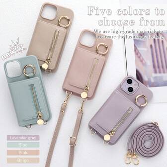 笔记本风格单肩时尚智能手机保护套，肩带，指环支架，笔记本风格镜子，女士，轻便，PU皮革智能手机保护套，带支架功能，水平支架功能，钱包，指环支架，长度可调，拉链，轻便，防震