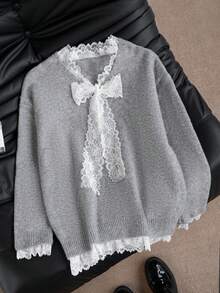 Loose V-Neck Gray Long Sleeve Sweater With Lace Patchwork And Bowknot, Suitable For Christmas, New Year, Commuting, And Dating