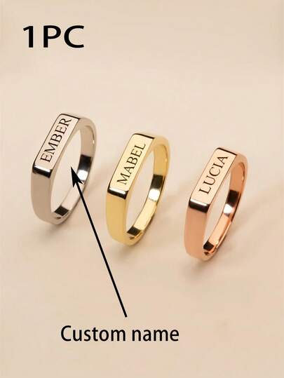 1PC Custom Engraved Women's Square Bar Name Ring, Four Styles To Choose From, Personalized Name/Date Engraved Simple Ring, Stainless Steel Ring, Exquisite Jewelry Gift, Customizable Things, Customized Name Ring, Engraved Ring, Mother's Day Gift, Simple Exquisite Jewelry Gift For Her, Wife, Girlfriend, Birthday Gift, Halloween Gift, Christmas Gift, Anniversary Gift, Personalized Gift Suitable For Special Holiday Gift Giving