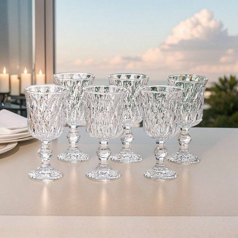 Wine Glasses Set Of 6, Vintage Stemmed Wine Glasses Set | 7oz Embossed Goblets For Wedding Party Anniversary | Green Elegant Drinkware For Holiday Entertaining, Christmas Party Supplies, Family Dinner - Transparent - View 1
