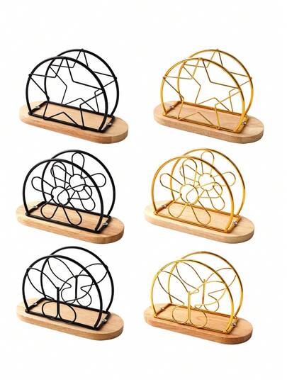 11 piezas Soporte para servilletas con diseños de mariposa, pentágono y flor de hierro - Organizador de servilletas dorado/negro con base de madera hueca de diseño elegante para decoración de mesa, ideal para mesa de comedor, mesa de café, decoración de cocina, restaurante, hotel, cafetería, Halloween, Navidad, Año Nuevo, Pascua, Ramadán y uso diario
