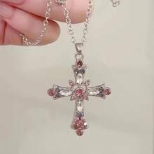 Vintage Gothic Cross Pendant Necklace With Pink And Clear Rhinestones - Vintage Alloy Women's Collarbone Chain, Perfect For Casual Outfits Or Gifts, Cross Necklace - Hồng - Xem 3