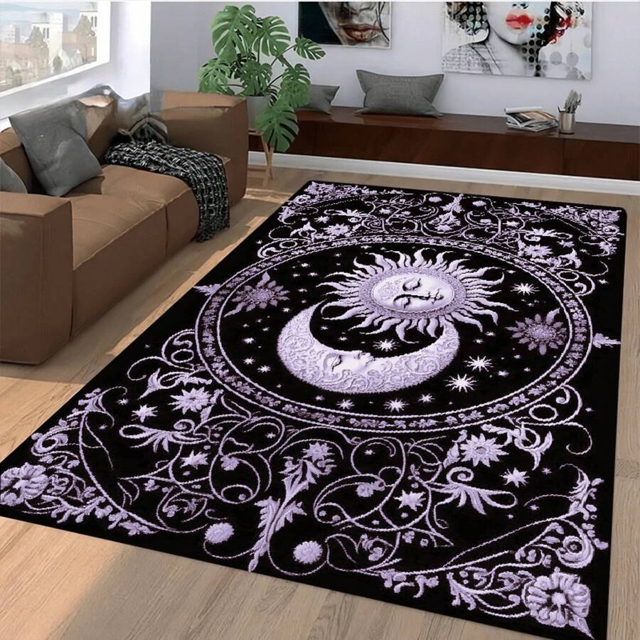 1PC 3.1'x2', 8.4'x6' Sun Moon Pattern Area Mat, Room Living Floor Mat, Office Mat, Suitable For Living Room Bedroom Bathroom Kitchen Home Decor Indoor Decor Room Supplies, Home Decor, Farmhouse Home Decor, Halloween Decorations - màu đen - Xem 1