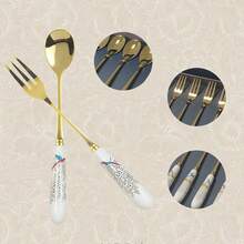 CRENOVA 6Pcs Gold Plated Stainless Steel Dessert Forks With Ceramic Handle, Elegant Vintage Cutlery Set For Appetizers & Gifting - 金色 - 查看 5