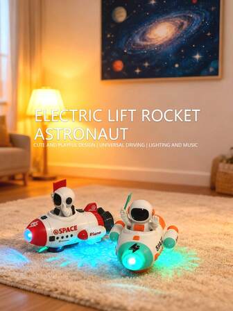 1 pieza Juguete de cohete espacial astronauta eléctrico con función de iluminación, dirección automática por colisión, música genial y acción giratoria, con luces LED musicales para niños (sin baterías incluidas)