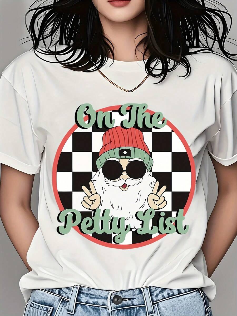 White T-Shirt For Women On The Petty List Santa With Checkered Background And Sunglasses Print - Casual Christmas Holiday Wear - 白色 - 查看 1