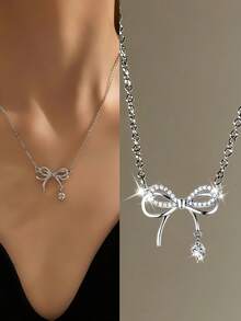 1pc Women's Simple & Fashionable Bow Pendant Necklace, Suitable For Daily Wear, Banquets, Parties, As Decorative Accessory, And An Ideal Gift For Holidays