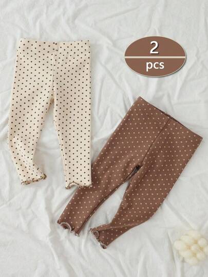 Timzgo 2pcs/Set Baby Girl Girls Leggings, Elastic Soft Comfortable, Infant Toddler Polka Dot Print Ruffle Hem Skinny Pants, Suitable For Autumn/Winter, Recommend Ordering One Size Up