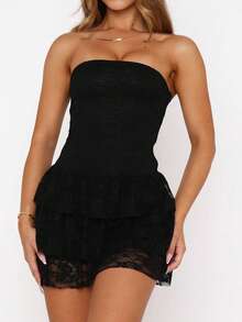 Women Strapless Tiered Ruched Tube Mini Dress Y2k Sleeveless Backless Lace Ruffle Hem A-Line Short Dress - Black - View 1
