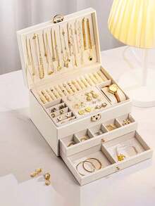 1pc Three-Layer Jewelry Storage Box, Dressing Table With Drawer Jewelry Storage Box, Gift Leather Jewelry Box, Portable Jewelry Storage Box, Desktop Storage Drawer Box, Stackable Storage Box, Can Store Watches, Necklaces, Rings, Pendants, Bracelets And Other Multi-Functional Jewelry Storage Boxes, Exterior With Locking Leather Design,