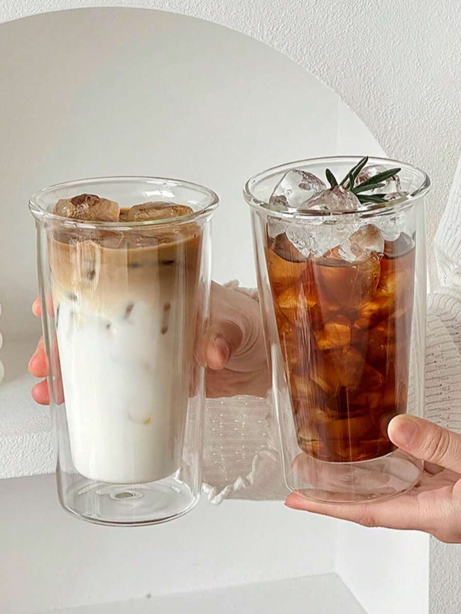 400ml Double Wall Insulated Glass Cup, Transparent High Borosilicate Heat Resistant Coffee Mug, Office Tea Cup, Juice Glass, Suitable For Summer, Alcohol, Matcha, Glass
