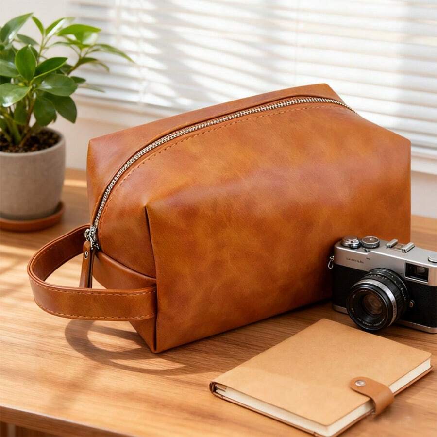 Vintage Makeup Bag With Portable Handle - Premium Zipper & Neat Stitching, Large Capacity Leather Texture Cosmetic Bag For Travel Organizer​ Bag Toiletry Pouch Waterproof For Women's Girls Halloween Christmas Holiday Gifts Teacher Gifts