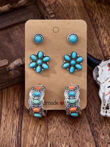 MONLOTTI 2/6/12件套复古绿松石西部风格耳环，女士复古波西米亚风耳环，夏季饰品，夸张绿松石耳环 - 彩色 - 查看 6