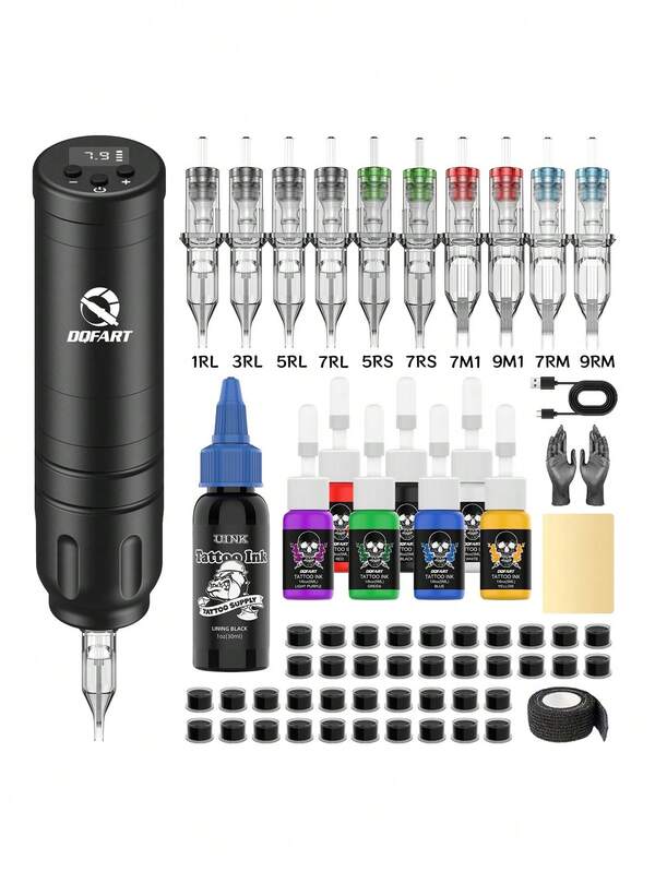 DQFART Kabelloses Tattoo-Pistolen-Set, ausgestattet mit 1500mAh Stromversorgung, Aluminiumlegierungsgehäuse, integrierter Tattoo-Maschinenstift, komplettes Tattoo-Set, inklusive 7 5ML Tattoo-Farbkästen, 1 30ML Tattoo-Farbe, 10 Tattoo-Nadeln, Tattoo-Zubehör geeignet für Anfänger und Tattoo-Künstler