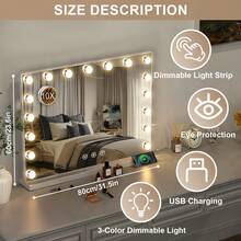 80x60cm Large Makeup Mirror Vanity Light Mirror 17 Dimmable LED Bulbs - White - View 8