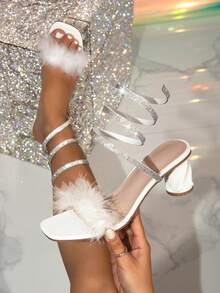 女士方头水晶装饰系带闪亮高跟凉鞋 - 白色 - 查看 1
