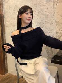 女士灰色露肩毛衣，修身剪裁，精致针织上衣，质感优质，秋冬 - 藏青色 - 查看 4