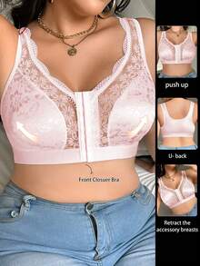 Plus Size Women Contrast Lace Comfortable Wireless Bra - Pink - View 2