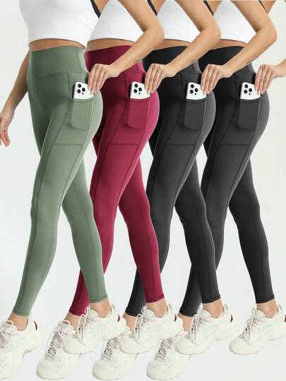 Set de 4 pantalones de yoga de cintura alta, suaves y adelgazantes de unicolor para tallas grandes, para exteriores, correr, ciclismo con bolsillos