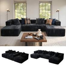 Kelyda 130'' U Shaped Sectional Couches For Living Room Apartment, Modern Modular Boneless Cloud Sofa With 2 Chaise Lounges Sleeper, 4-In-1 Flexible Combination Layered Foam Cushion Faux Rabbit Fur Fabric Deep Seat Corner Couch, No Assembly Required Furniture Home Decor - 黑色 - 查看 1