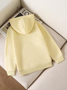 年轻女孩纯色长袖休闲连帽运动衫，保暖内衬，秋冬 - 黃色 - 查看 2