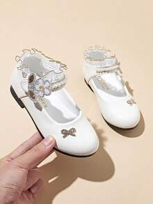 1 Pair White Rhinestone Princess Shoes For Girls, Soft Sole Breathable Leather Shoes, Small Heels Dance Shoes, Suitable For Performance, Party, All Seasons