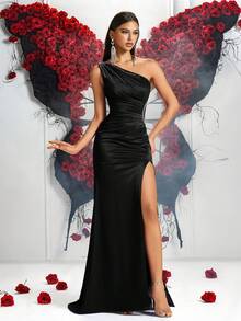 Elisanya Vestido elegante com strass, cintura alta, franzido, fenda nas costas, sem amarração, adequado para baile de formatura, festa, aniversário, encontro romântico, baile de formatura, convidada de casamento, jantar formal - Preto - Ver 5