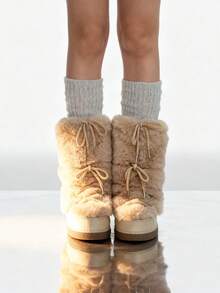 Faux Fur Snow Boots For Women Fuzzy Fluffy Furry Lace Up Mid Calf Boots Winter Warm Fur Boots For Christmas - 杏色 - 查看 2