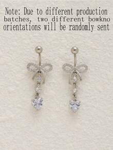 1pc Y2K Style Charm Bow Full Rhinestone Heart Pendant Copper Inlaid Stainless Steel Belly Button Nail Navel Nail Nail For Women Daily Wear Navel Ring Body Jewelry Gift For Friends, Pink, Valentine's Day [Bow Direction May Vary Due To Production Batch] - Silver - View 7