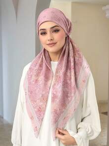 1pc Women's Romantic Floral Print Headscarf, Delicate Lace Trim, Soft And Elegant, Fashionable Hijab Accessory