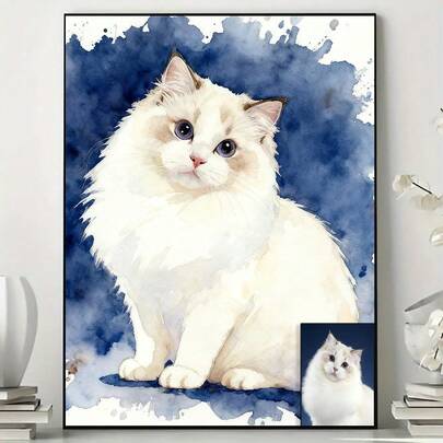 1 pieza Retrato de mascota personalizado en lienzo con pintura de acuarela, adecuado para gatos y perros - Pintura de acuarela personalizada con marco de madera | Regalo único para amantes de las mascotas, ideal para decoración de sala de estar, dormitorio y oficina