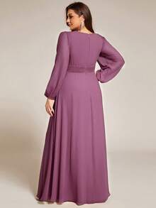 EVERPRETTY Plus Size Elegant Volang Chiffong Rund Hals Långärmad Lila Brudtärneklänning, Lämplig För Fest, Höst/Vinter Bröllopsgästkläder - Blåröd - Visa 3