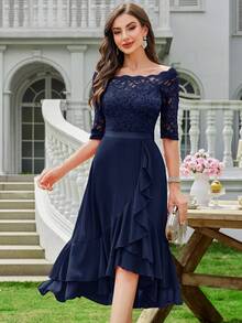 MIUSOL Elegant Women's Floral Lace Boat Neck Contrast Navy Blue Chiffon Midi Swing Dress, Half Sleeves Asymmetrical Ruffle Flowy Hem, For Wedding Guest, Cocktail Party, Evening Or Formal Event - 藏蓝色 - 查看 4