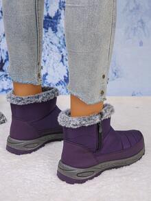 Winter New Plus Size 36-43 Men & Women Plush Thick Warm Shoes, Anti-Slip Durable High-Top Leather Waterproof Fashion Thick-Sole Wedge Flat Snow Boots - Purple - View 2