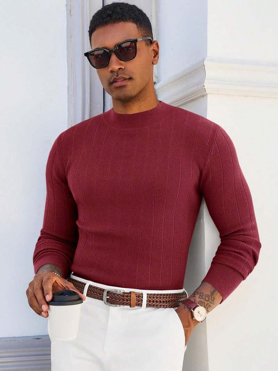 Men's Slim Fit Mock Turtleneck Sweater Casual Ribbed Knitted Pullover Basic Warm Wear For Fall/Winter - Burgundy - View 1