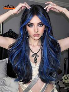 Ava WIGS 26 Inch Two-Tone Color Blue And Black Long Body Wave Wig Synthetic Wigs With Bangs Glue Less Heat Resistant Synthetic No Lace Wigs For Women Black Mixed Blue Long Body Wavy Wig Daily Party Cosplay Multicolor Wigs, Perfect Halloween Gifts For Ladies